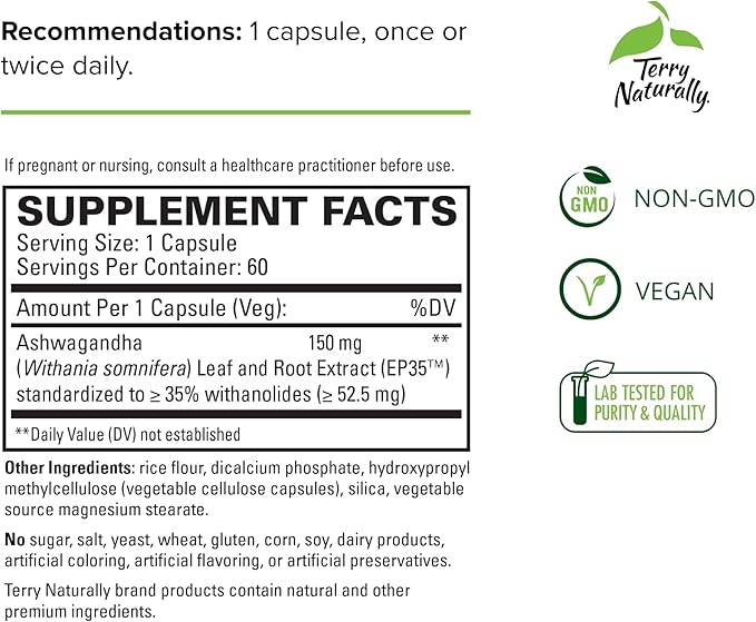 Terry Naturally Ashwagandha EP35 Extra Strength 60 Capsules 60 Servings
