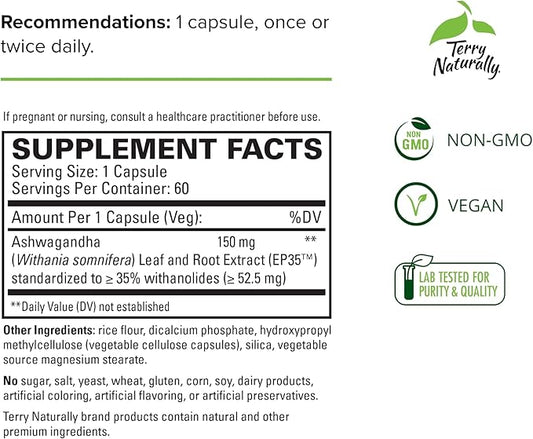 Terry Naturally Ashwagandha EP35 Extra Strength 60 Capsules 60 Servings
