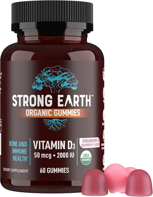 YUM-V'S Strong Earth Organic Vitamin D3 Gummies for Adults, (2000 iu Vitamin D 3 per Serving - 60 Count) for Bone & Immune Support, Vegan Chewable - Strawberry/Raspberry (60 Count)