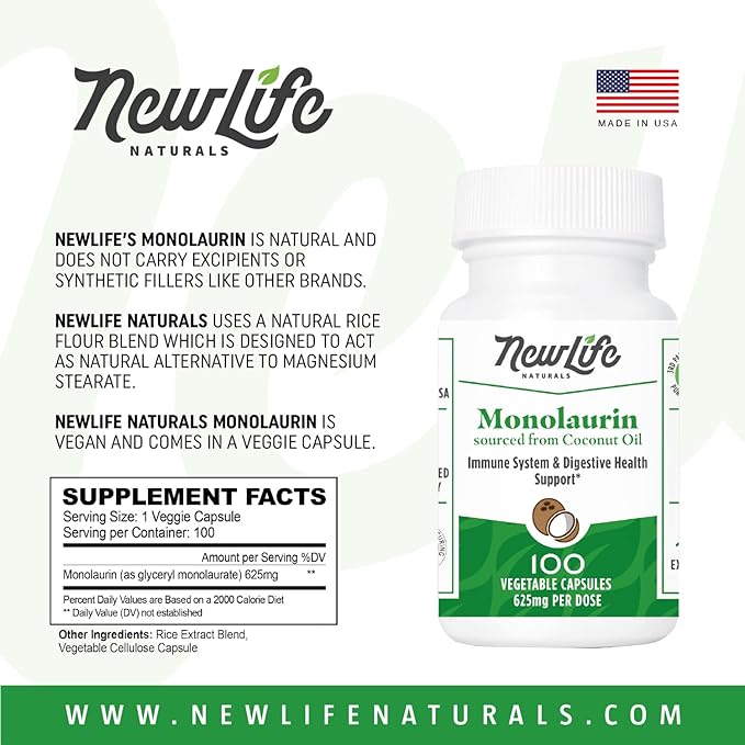 NewLife Naturals Monolaraurin Dietary Supplement 625mg Monolaurin 100 Vegetable