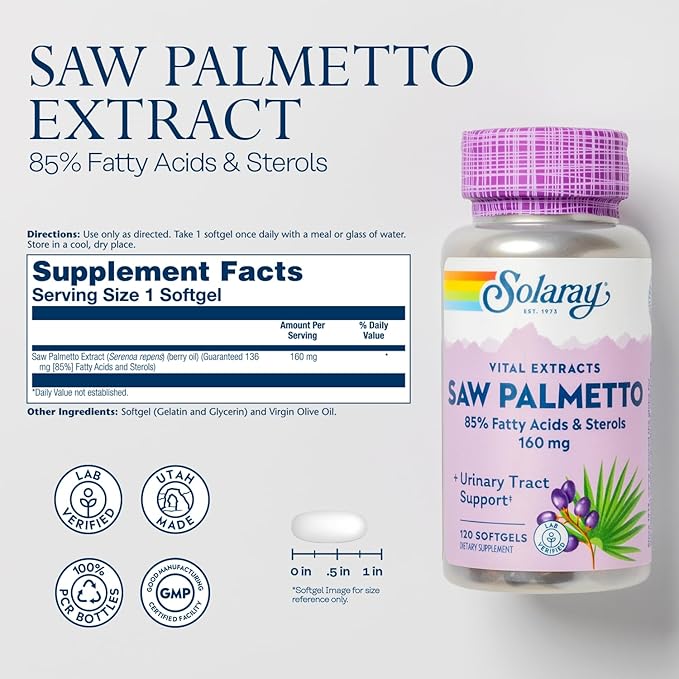 SOLARAY Saw Palmetto Extract 136 mg 60-Day Money-Back (120 Servings, 120 Softgels)