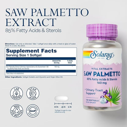 SOLARAY Saw Palmetto Extract 136 mg 60-Day Money-Back (120 Servings, 120 Softgels)