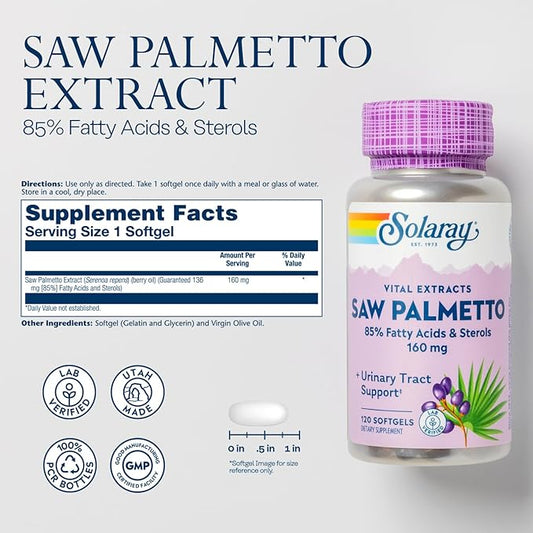 SOLARAY Saw Palmetto Extract 136 mg 60-Day Money-Back (120 Servings, 120 Softgels)