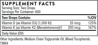 THORNE Vitamin D + K2 Liquid D3 and K2 to 1 Fl (30 ml) 600 Servings