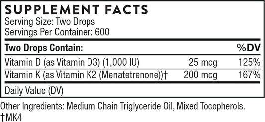THORNE Vitamin D + K2 Liquid D3 and K2 to 1 Fl (30 ml) 600 Servings