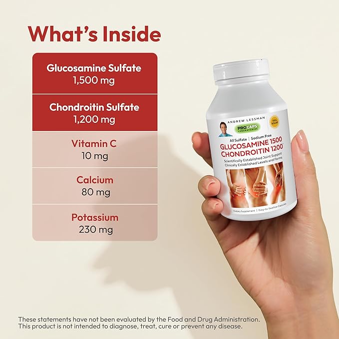 ANDREW LESSMAN Glucosamine 1500 Chondroitin 1200-600 Capsules – 100% Sulfate Form, Research Established Ingredients and Levels for Support of Healthy Joint Tissue. Small Easy to Swallow Capsules