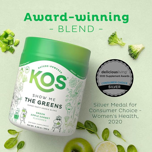 KOS Organic Super Greens Powder Erythritol Free - Plant Based Superfood Blend with Spirulina, Chlorella & Wheatgrass - USDA Certified Organic, Green Juice Smoothie - Apple Flavor - 28 Servings