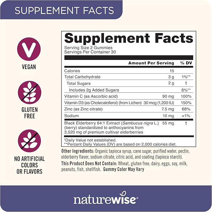 NatureWise Sambucus Elderberry Gummies - Immune Support Supplement for Kids Ages 4+ & Adults with Vitamin C, D3, Zinc - Elderberries Equivalent to 3520mg - Vegan, Non-GMO - 60 Count[30-Day Supply]