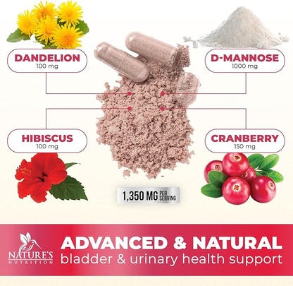 DMannose Pills with Cranberry 1350mg Advanced Formula - Effective Natural Bladder, Urinary Tract Health Support, Flush Impurities - D Mannose Supplements for Women & Men, Non-GMO, Vegan - 60 Capsules