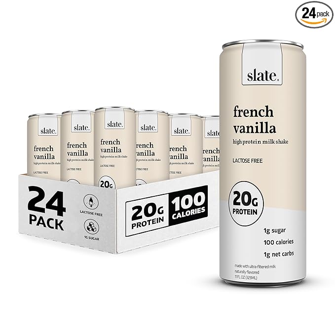 Slate Milk - High Protein Milk Shake - French Vanilla - Lactose Free, 20g Protein, 1g Sugar, 100 Calories, 1g Net Carbs, No Added Sugar - Natural, Breakfast Boost, Post Workout - 11 fl oz, 24 Cans