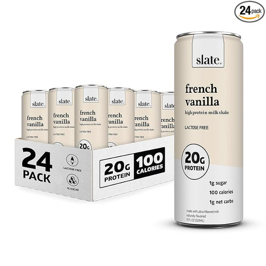 Slate Milk - High Protein Milk Shake - French Vanilla - Lactose Free, 20g Protein, 1g Sugar, 100 Calories, 1g Net Carbs, No Added Sugar - Natural, Breakfast Boost, Post Workout - 11 fl oz, 24 Cans