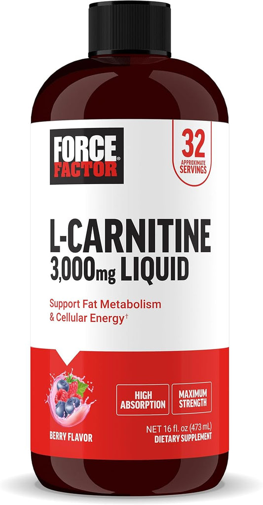 Force Factor L Carnitine Supplement, Liquid L-Carnitine 3000 mg to Help Turn Fat Into Energy, Support Muscle Recovery, and Boost Cellular Energy, Maximum Strength, Non-GMO, Berry Flavor, 16 Oz.