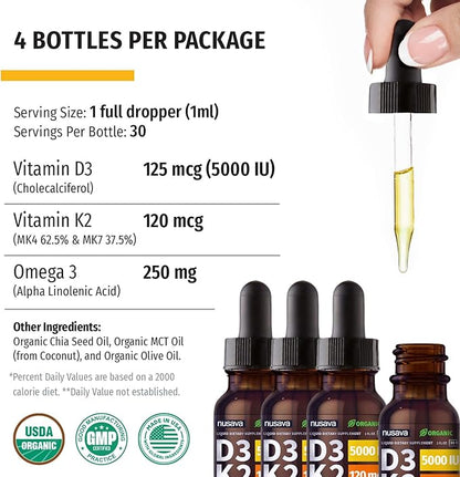 (4 Pack) Organic Vitamin D3 K2 Drops with MCT Oil Omega 3, 5000 IU - Maximum Strength Vitamin D Liquid, No Fillers, Non-GMO Liquid D3 for Faster Absorption and Immune Support, Unflavored, 4 Fl Oz