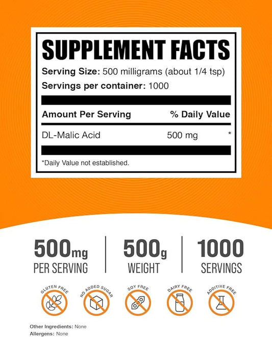 BulkSupplements.com Malic Acid Powder - Malic Acid Supplement, Malic Acid Powder Food Grade - for Energy & Skin Support, Gluten Free - 500mg per Serving, 500g (1.1 lbs)