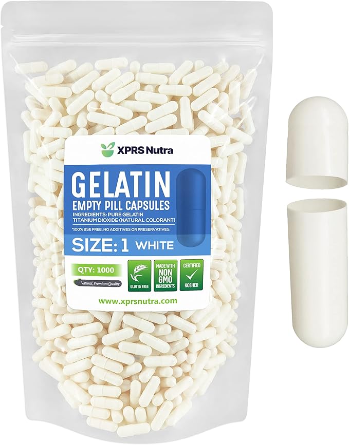 XPRS Nutra Size 1 Empty Capsules - 1000 Count Empty Gelatin Capsules - Empty Pill Capsules - DIY Capsule Filling - Pure Bovine Pill Capsules Empty Gel Caps (White)