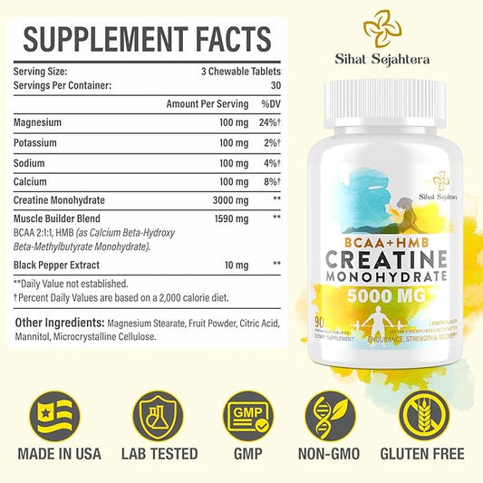 8-in-1 Creatine Monohydrate with BCAA & HMB, 5000 mg for Men & Women, Creatine Chews for Muscle, Recovery, Endurance & Strength, High Absorption, Lemon Flavor, Sugar-Free, 90 Tablets