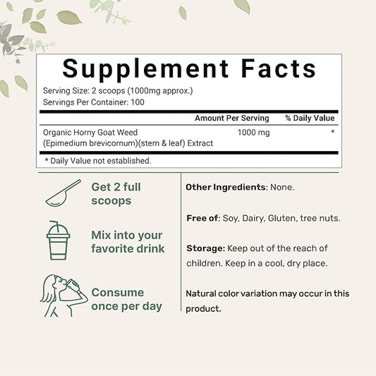 Maximum Strength Organic Pure Horny Goat Weed with Active Icariins for Men and Women, 100 Grams, Organic Epimedium Powder for Energy and Immune System Booster, Filler Free and Vegan Friendly