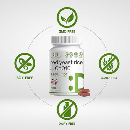 Deal Supplement Red Yeast Rice 1,200mg Per Serving with CoQ10, 300 Capsules - Antioxidant Support - Pure Monascus Purpureus Powder Source - Citrinin Free, Non-GMO