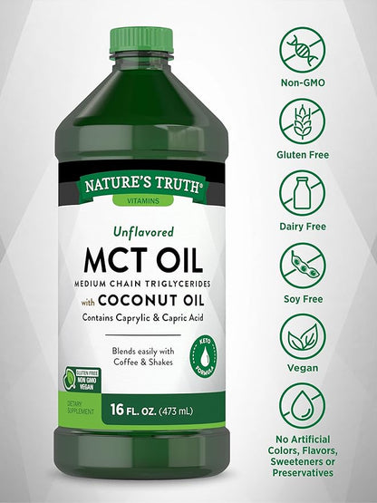 Nature's Truth MCT Oil | 16 fl. oz | Keto, Unflavored Formula | with Coconut Oil | Vegan, Non-GMO, and Gluten Free Supplement