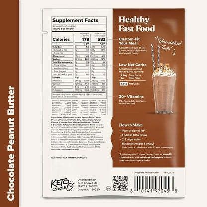 Keto Chow Chocolate Peanut Butter | Keto Meal Replacement Shake Powder | Nutritionally Complete | Low Carb | Delicious Easy Meal Substitute | Protein Rich You Choose The Fat | 21 Meal Serving