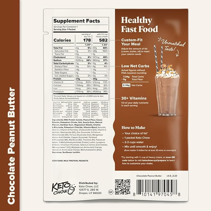 Keto Chow Chocolate Peanut Butter | Keto Meal Replacement Shake Powder | Nutritionally Complete | Low Carb | Delicious Easy Meal Substitute | Protein Rich You Choose The Fat | Single Meal Sample