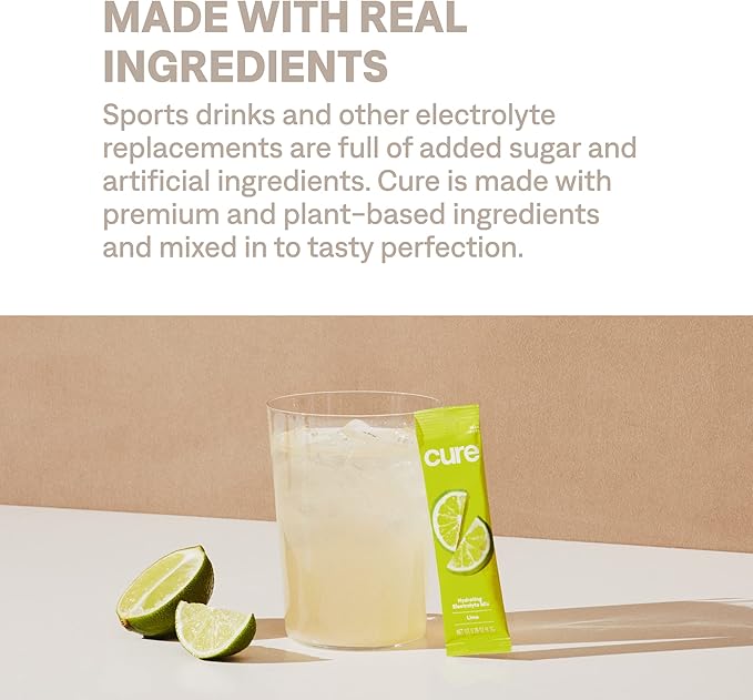 Cure Hydrating Plant Based Electrolyte Mix | Powder for Dehydration Relief | Made with Coconut Water | Non-GMO | No Added Sugar | FSA & HSA | Vegan | Gluten Free | Pouch of 14 Packets - Lime