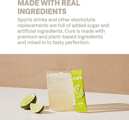 Cure Hydrating Plant Based Electrolyte Mix | Powder for Dehydration Relief | Made with Coconut Water | Non-GMO | No Added Sugar | FSA & HSA | Vegan | Paleo Friendly | Box of 8 Packets - Lime