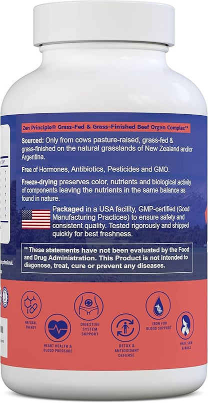 Zen Principle Grass Fed Beef Organs - Desiccated Liver, Heart, Kidney, Pancreas, Spleen, Intestine, Tripe/Stomach. Beef Organ Supplements