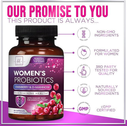 Probiotics for Women 60 Billion CFU, 16 Strains for pH Balance, Vaginal & Digestive Support, Womens Probiotic and Prebiotic + Cranberry for Gut, Urinary & Immune Support, Shelf Stable - 60 Capsules