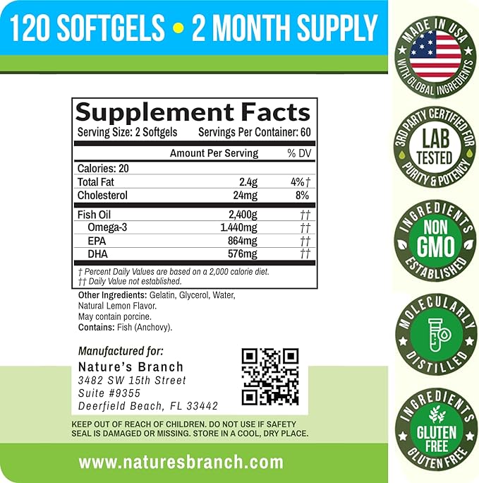 Best Triple Strength Omega 3 Fish 2400mg | 120 Capsules 864mg EPA 576mg DHA