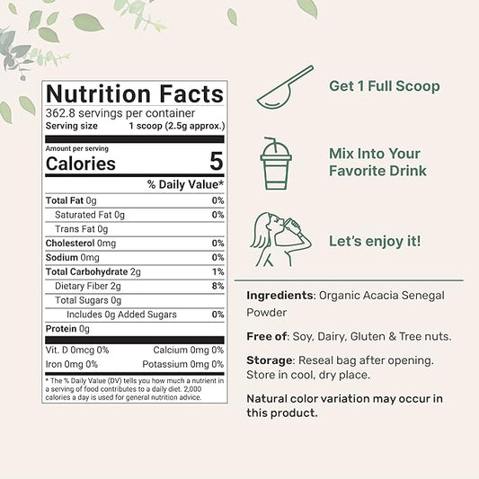 Micro Ingredients Organic Acacia Senegal Powder, 2 Pounds (32 Ounce), Instant Soluble Fiber Powder, Plant-Based Prebiotic Superfood for Gut Health, Non-GMO, No Gluten, Vegan
