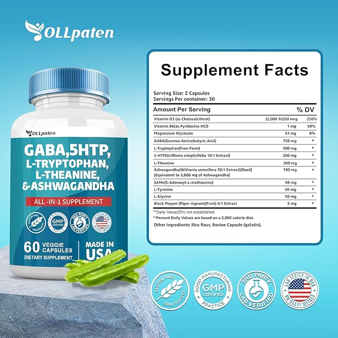 GABA 750mg 5 HTP 200mg L 500mg L 200mg Ashwagandha 3000mg SAM-e 60 Capsules