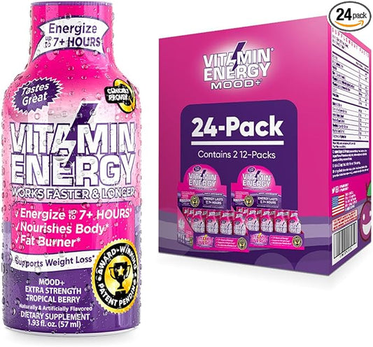 Mood Support Vitamin Energy Drink - Sugar Free, Keto/Vegan Friendly Shots | Mood Balancing with Rhodiola and Chamomile | Energize up to 7+ Hours | Tropical Berry - 1.93 Fl Oz - Pack Of 24
