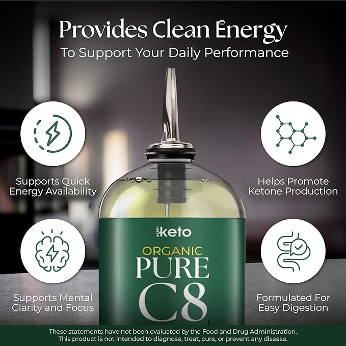 Keppi Keto Organic MCT Oil - Flavorless C8, Non-GMO, Certified Gluten-Free, Palm Oil Free, Vegan, Kosher, Halal, 32 oz Coconut Oil
