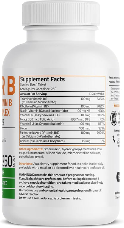 Bronson Super B 100 Vitamin B B1, B2, B2, B3, B3, B6, B6, B9 B9 - B12) Supports 250 Tablets