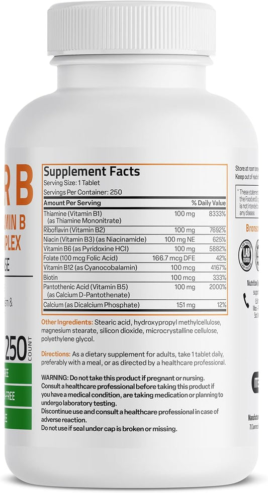 Bronson Super B 100 Vitamin B B1, B2, B2, B3, B3, B6, B6, B9 B9 - B12) Supports 250 Tablets