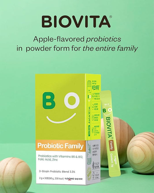 Family Probiotics Powder (30 Sticks, 30 Days) - Support Healthy Immune & Digestive System, Apple Flavor Supplement for Men, Women & Children. Vitamin B, Zinc. Mouth-Dissolving Formula.