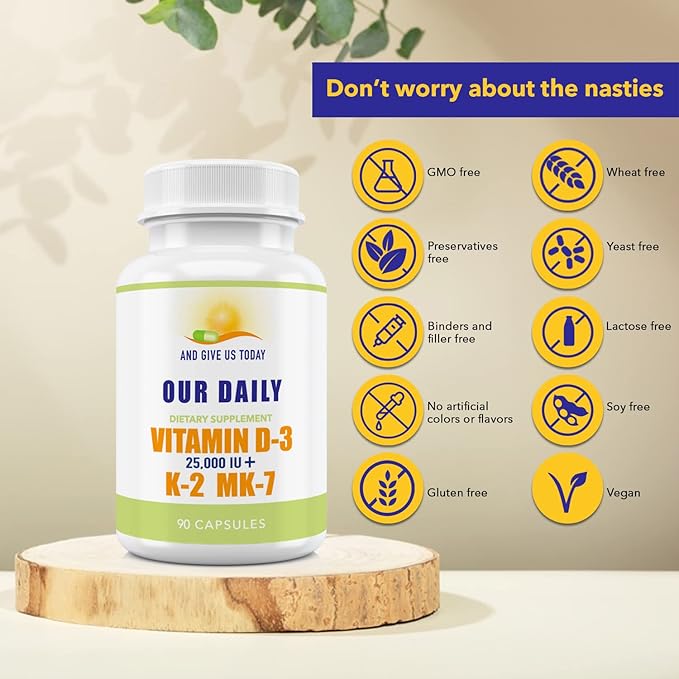 Our Daily Vites Vitamin D-3 25,000 IU + K2 - High Potency D3 with Vitamin K Bone, Immune, Mood + Cardiovascular Support Supplement