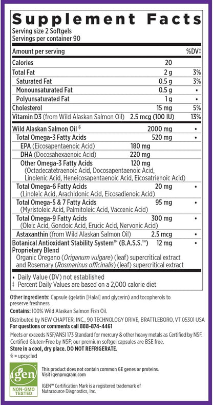 New Chapter Wholemega Fish Oil Supplement - Wild Alaskan Salmon Oil with Omega-3 + Vitamin D3 + Astaxanthin + Sustainably Caught - 180 ct, 1000mg Softgels