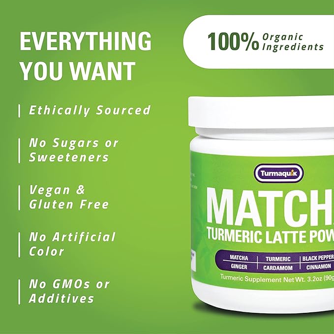 Turmaquik Organic Turmeric Matcha Powder, Matcha Latte Powder with Turmeric, Superfood Blend of Matcha, Turmeric, Ginger, Cardamom, Black Pepper, and Cinnamon (3.2 Ounce)