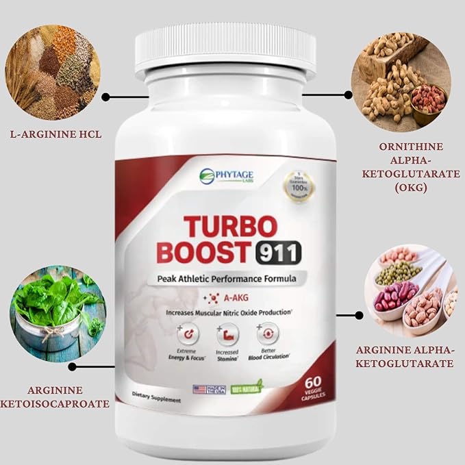 Turbo Boost 911 Nitric Oxide Booster, Circulation, Energy Boost, Mental Focus (N-O) Supplement – 60 Capsules