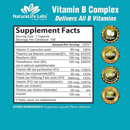 Vitamin B Complex with Vitamin C B12, B1, B1, B2, B2, B3, B3, Vitamin B5 Pantothenic B6, B7, B7, B9 B9 - 100 Veggie