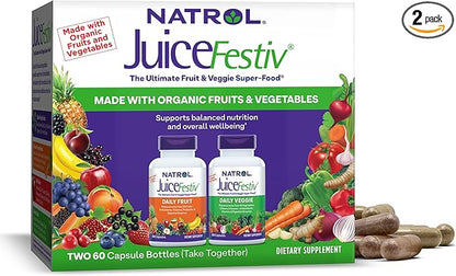 Natrol JuiceFestiv, The Ultimate Fruit and Veggie Super-Food to Support Balanced Nutrition and Overall Well-Being, Plus Antioxidants for Cellular Health, 60 Capsules (2-Count), Up to a 30 Day Supply