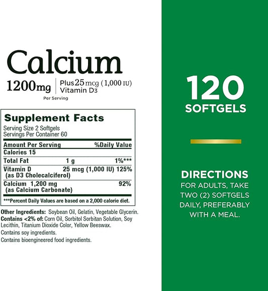 Nature's Bounty Calcium Carbonate & Vitamin 1200mg Calcium 1000IU Vitamin D3, 120 120 Softgels