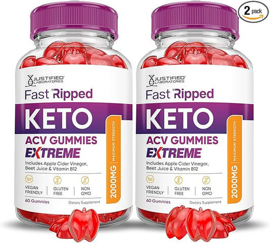 Justified Laboratories (2 Pack Fast Ripped Keto ACV Gummies Extreme 2000MG Fast Ripped Keto Gummies Apple Cider Vinegar Formulated with Pomegranate Beet Juice Powder B12 Vegan Non GMO 120 Gummys