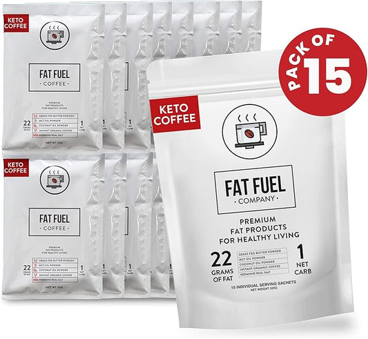 FAT FUEL Keto Coffee 22g Premium Fats - With Grass Fed Butter, MCT Oil, Coconut & Redmond Real Salt - Instant Organic Coffee, One Net Carb, A True Meal Replacement - 15 Servings