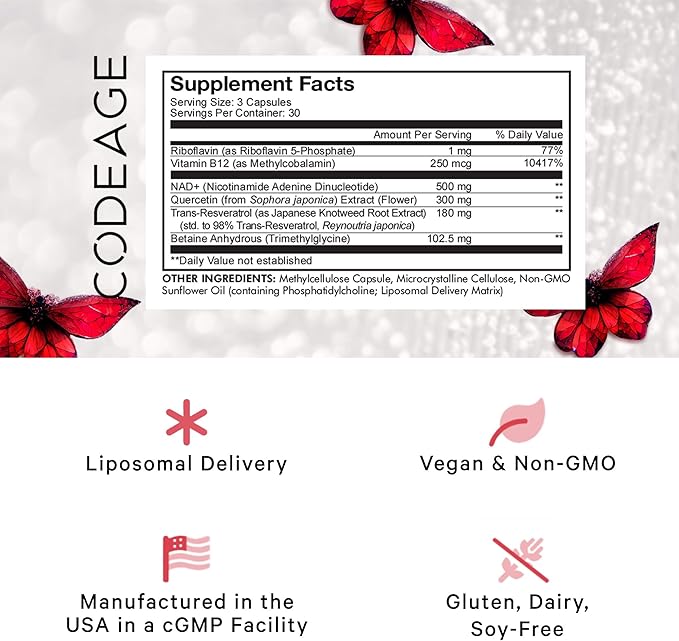 Codeage Liposomal NAD+ with Resveratrol & Vitamin B - NAD Plus Ultra for Energy & Healthy Aging Support - NAD Vitamin Supplement with Quercetin, Betaine, Riboflavin - Bioavailable - 90 Capsules