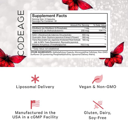 Codeage Liposomal NAD+ with Resveratrol & Vitamin B - NAD Plus Ultra for Energy & Healthy Aging Support - NAD Vitamin Supplement with Quercetin, Betaine, Riboflavin - Bioavailable - 90 Capsules