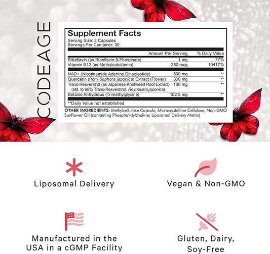 Codeage Liposomal NAD+ with Resveratrol & Vitamin B - NAD Plus Ultra for Energy & Healthy Aging Support - NAD Vitamin Supplement with Quercetin, Betaine, Riboflavin - Bioavailable - 90 Capsules