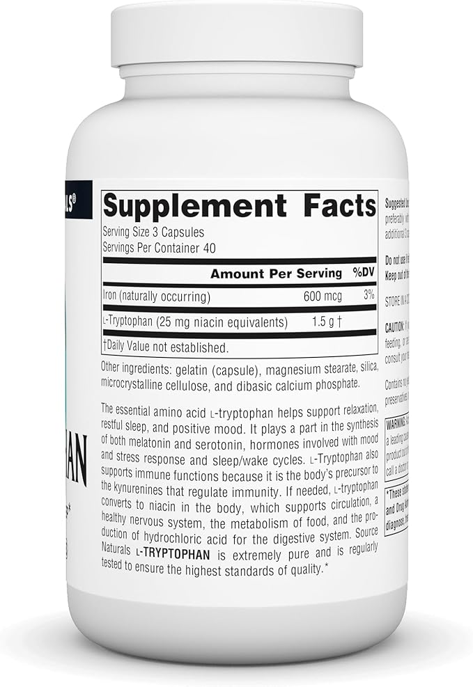 Source Naturals L-Tryptophan, for Mood, Relaxation, 500mg - 120 Capsules